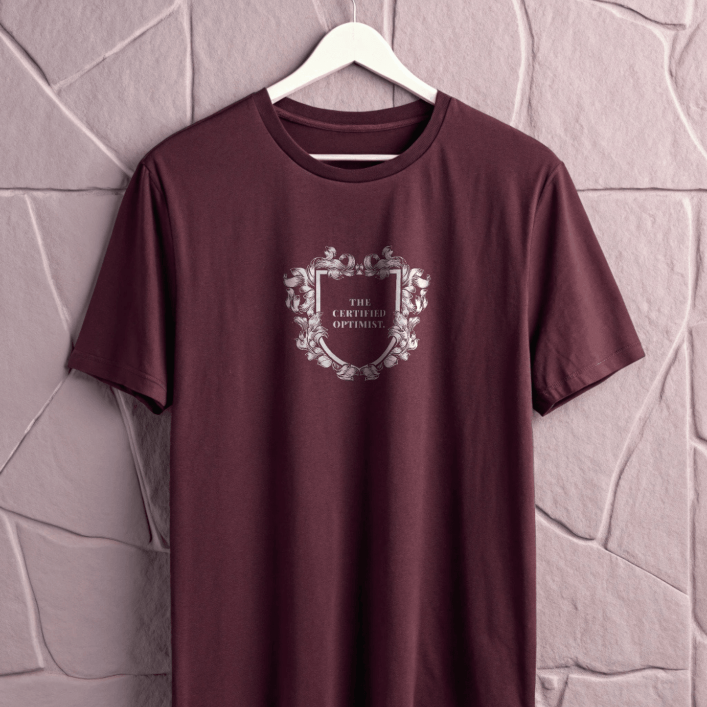 The Certified Optimist Cotton T-Shirt – Maroon Crest Graphic Tee