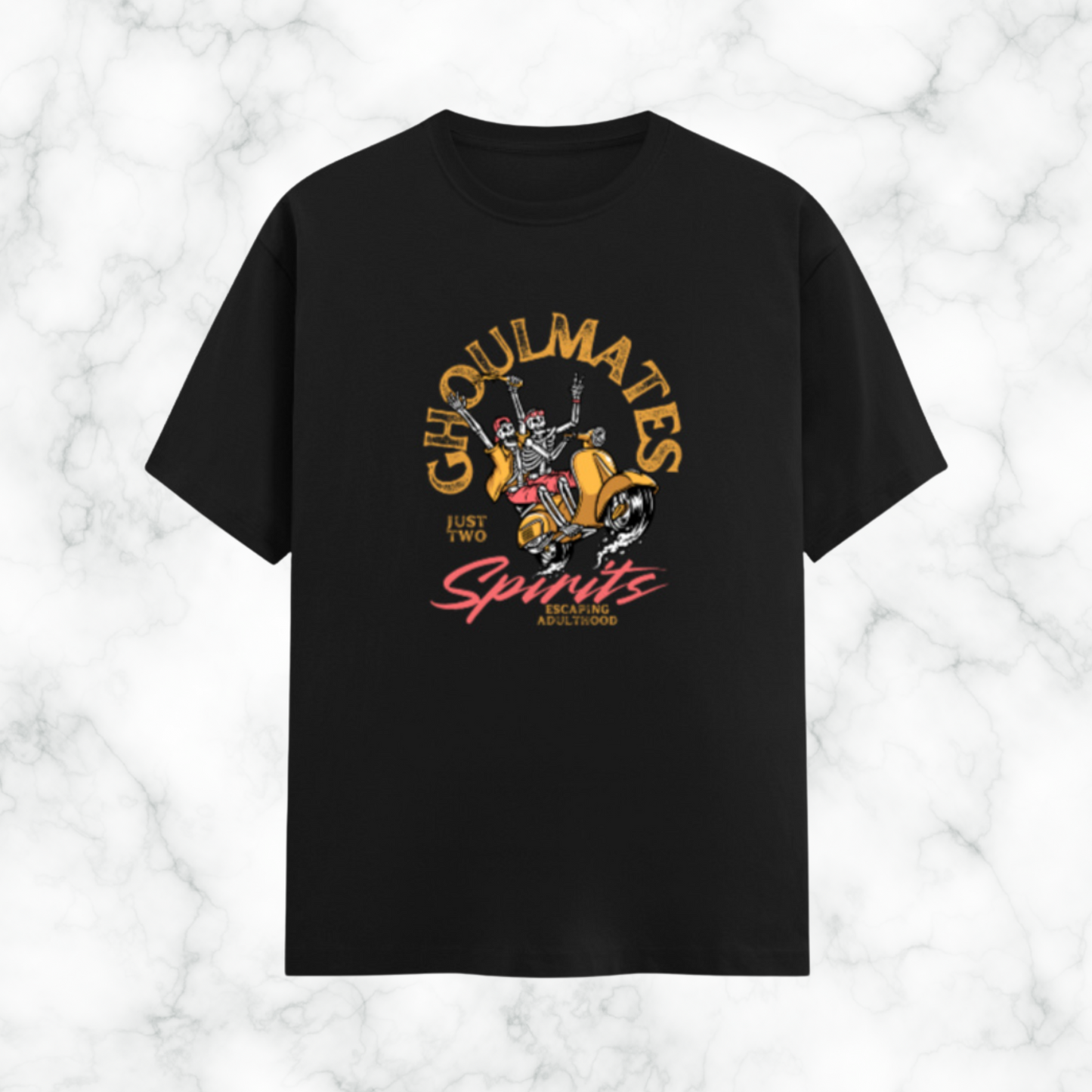GHOULMATES Spirits Classic T-Shirt – Halloween Scooter Skeleton Graphic Tee