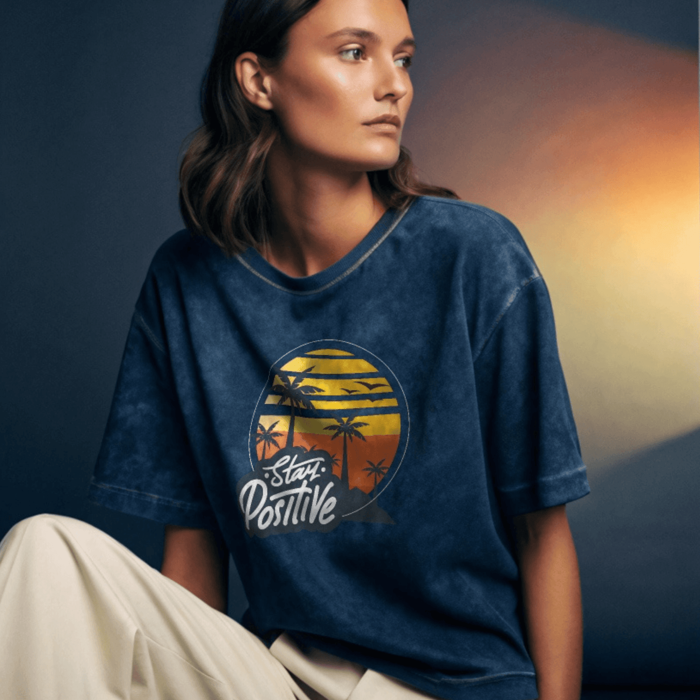 Stay Positive Acid Wash Oversized Navy Blue T-Shirt – Sunset Palm Graphic