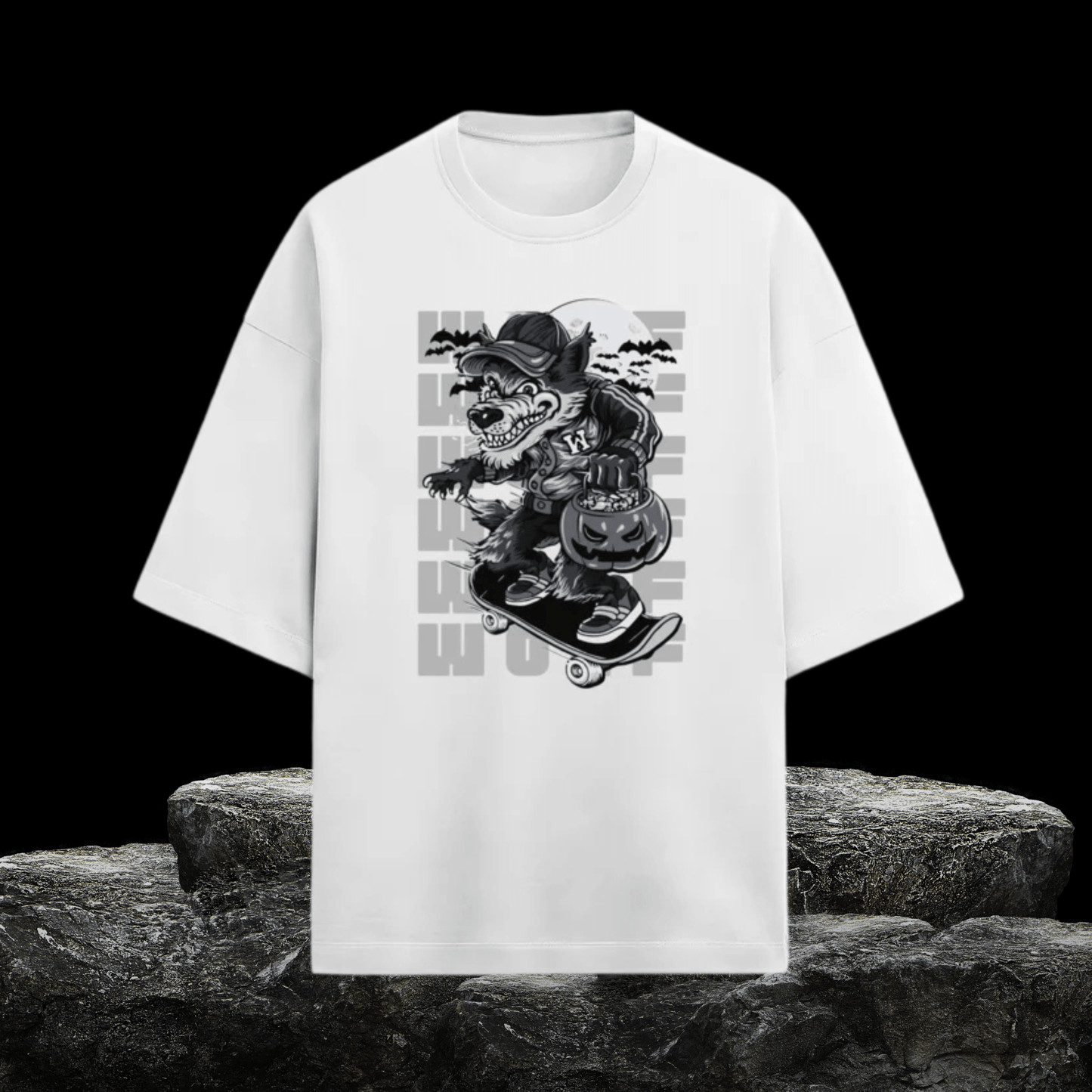 Werewolf Skate Oversized T-Shirt – White Terry Unisex Streetwear Tee