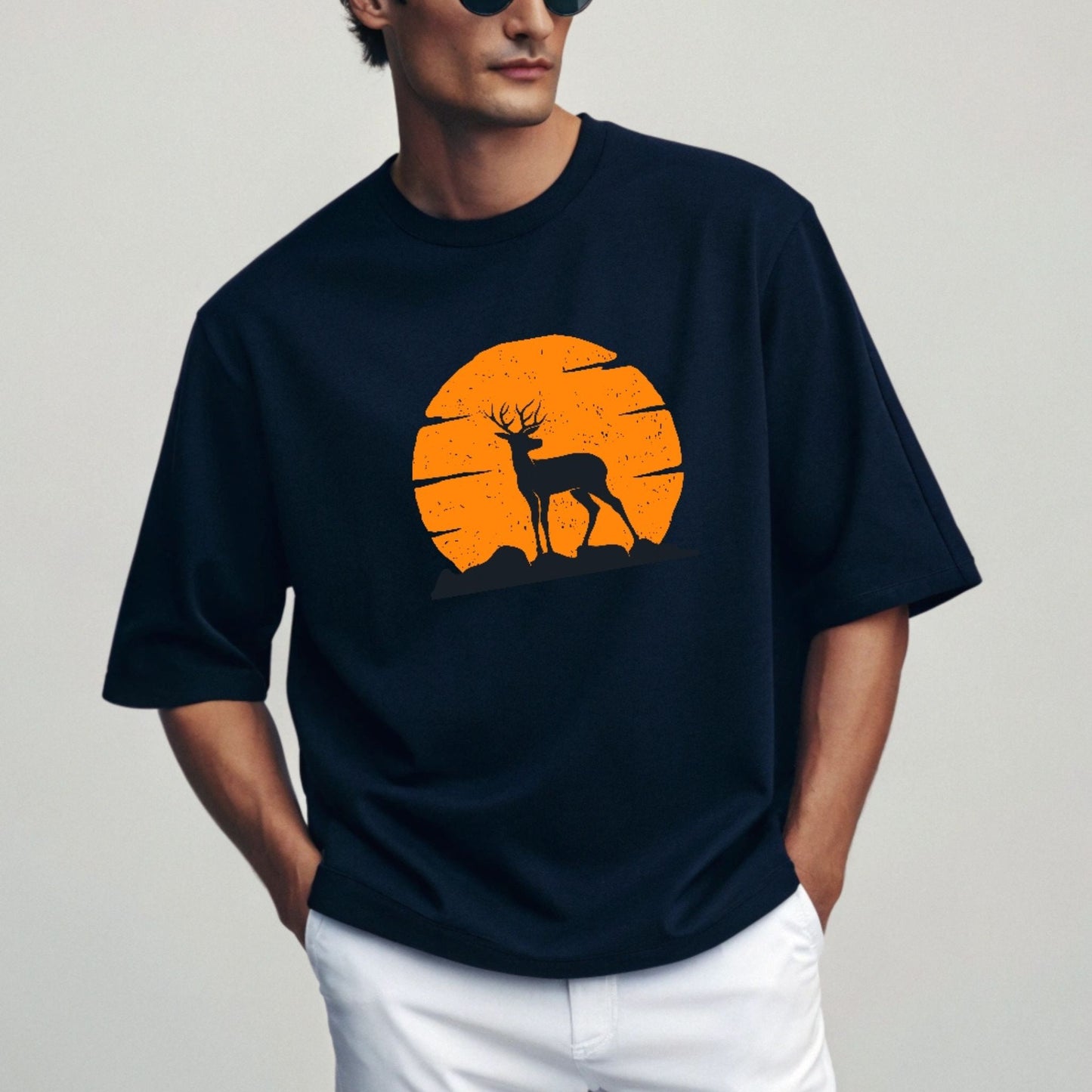 Wild Solitude Oversized Terry T-Shirt – Sunset Stag Graphic in Navy Blue