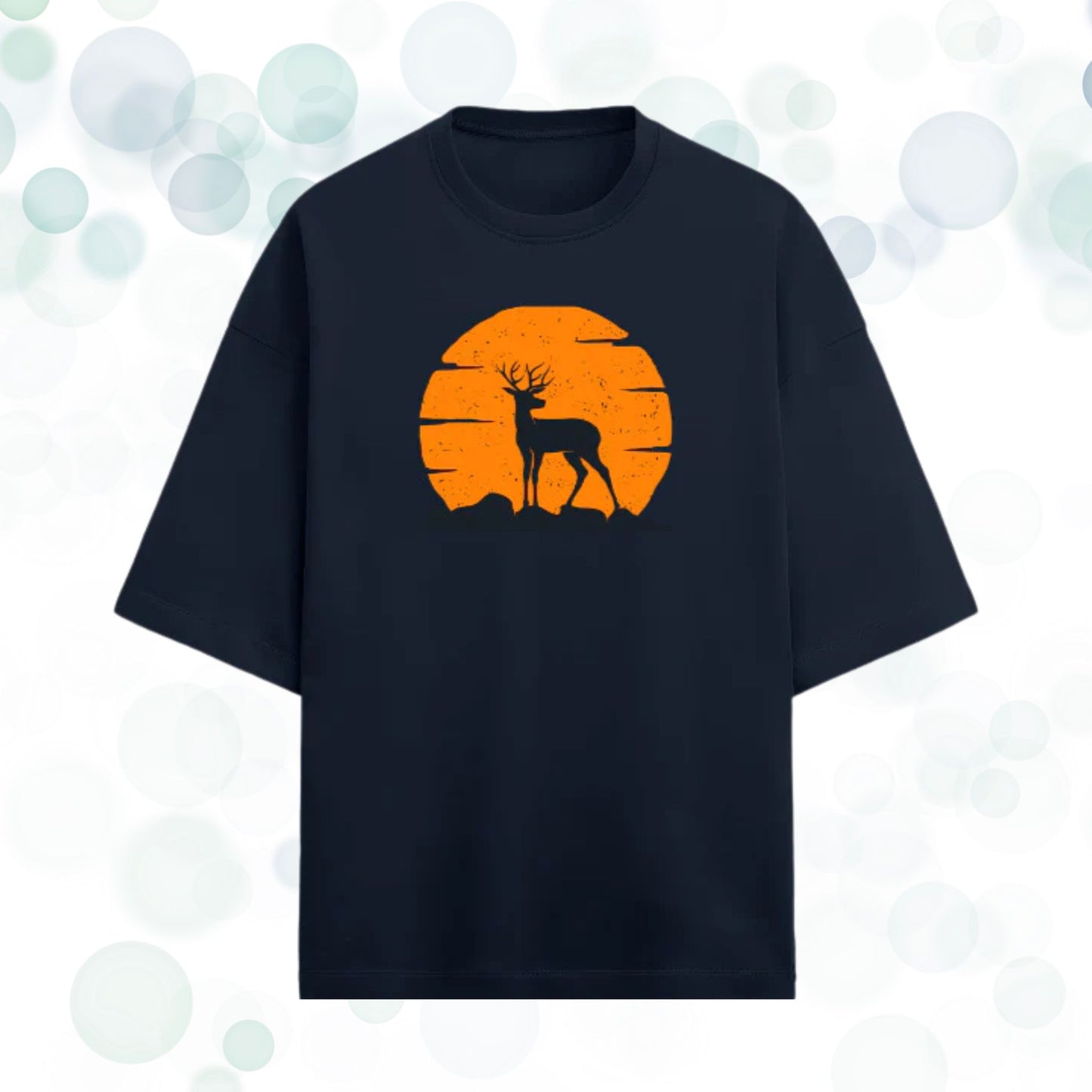 Wild Solitude Oversized Terry T-Shirt – Sunset Stag Graphic in Navy Blue