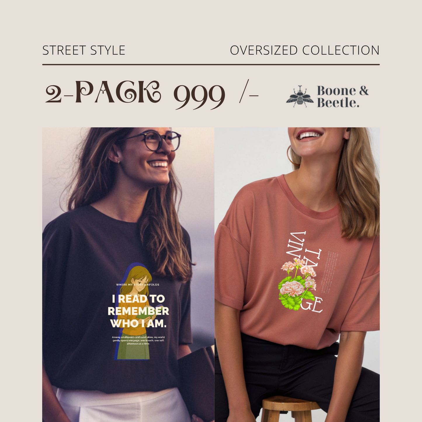 Women’s Oversized Cotton T-Shirt Combo Pack of 2 – I Read to Remember & Vintage Bloom | Festive Fashion Bundle