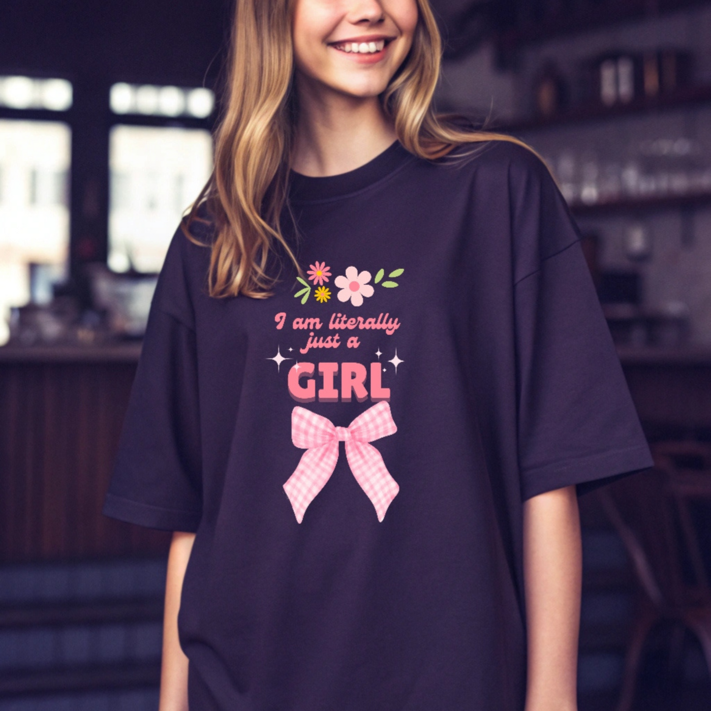 The Literally A Girl Oversized T-Shirt – Y2K Bow & Floral Aesthetic Tee