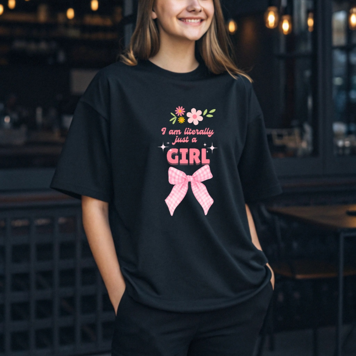 The Literally A Girl Oversized T-Shirt – Y2K Bow & Floral Aesthetic Tee