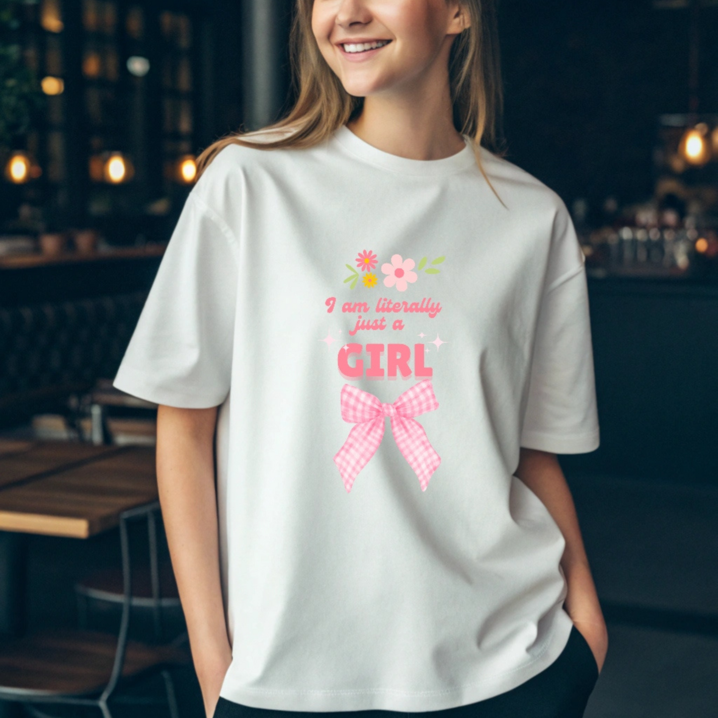 The Literally A Girl Oversized T-Shirt – Y2K Bow & Floral Aesthetic Tee