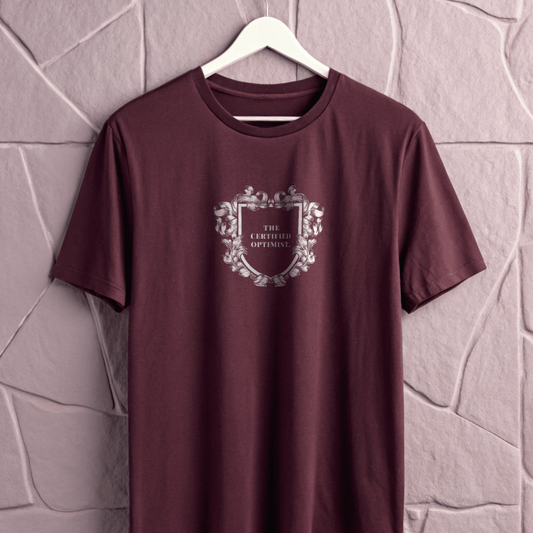 The Certified Optimist Cotton T-Shirt – Maroon Crest Graphic Tee