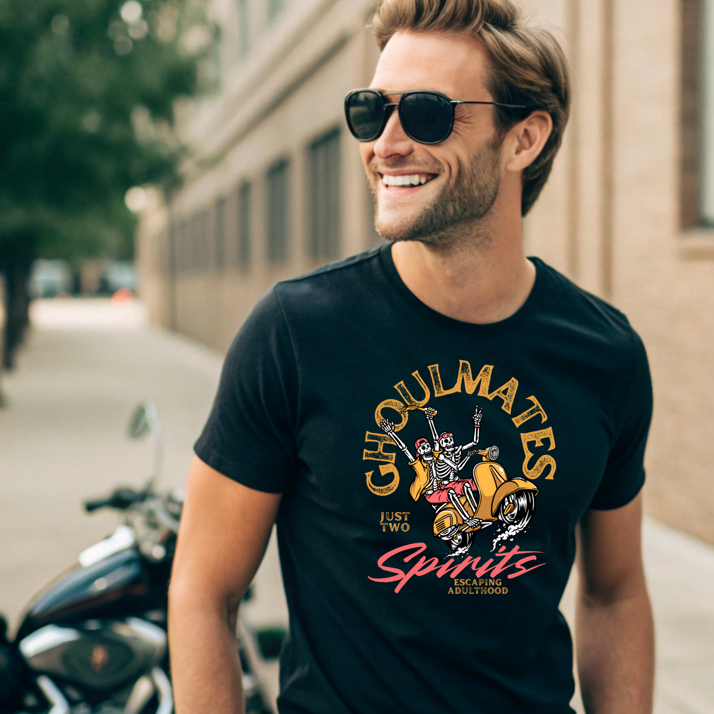 GHOULMATES Spirits Classic T-Shirt – Halloween Scooter Skeleton Graphic Tee