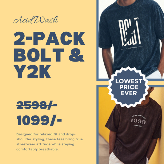 Men’s Acid Wash Oversized Cotton Tee 2-Pack – Bolt & Y2K | Diwali Streetwear Gift Set