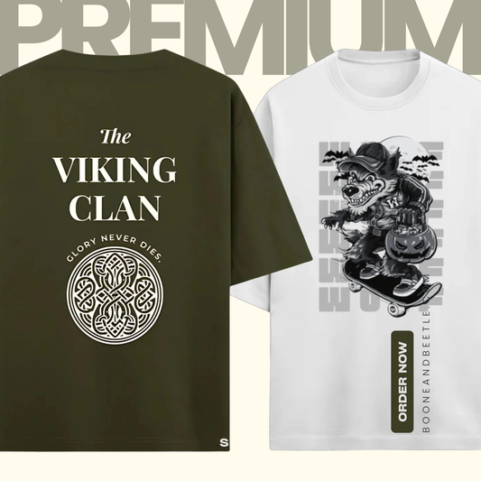 Oversized Graphic Cotton T-Shirt Pack of 2 – Viking Clan & Werewolf Skate | Diwali Gift for Him