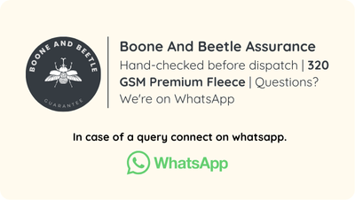 Boone and Beetle Quality Assurance: Every hoodie is hand-checked before dispatch, made with premium 320 GSM fleece fabric for maximum warmth and comfort, customer support available on WhatsApp for any questions