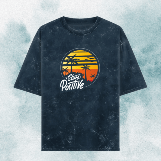 Stay Positive Acid Wash Oversized Navy Blue T-Shirt – Sunset Palm Graphic