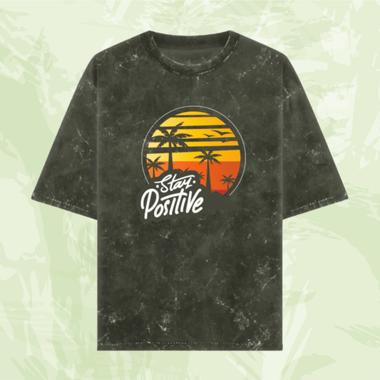 Stay Positive Acid Wash Oversized T-Shirt – Sunset Palm Graphic