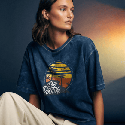 Stay Positive Acid Wash Oversized Navy Blue T-Shirt – Sunset Palm Graphic