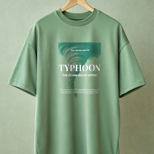 Green t-shirt with 'Typhoon' graphic and text on a hanger against a beige background by boone and beetle