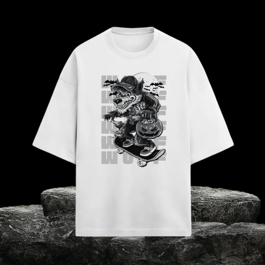 Werewolf Skate Oversized T-Shirt – White Terry Unisex Streetwear Tee
