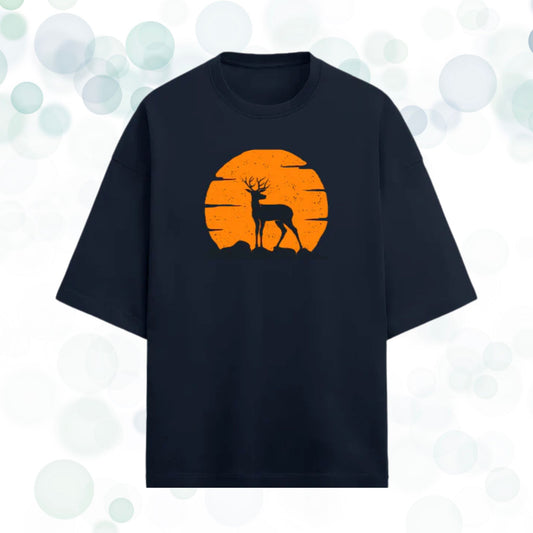 Wild Solitude Oversized Terry T-Shirt – Sunset Stag Graphic in Navy Blue