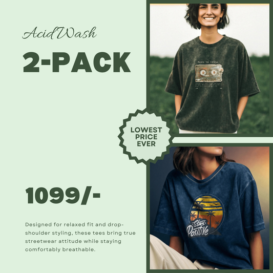 Women’s Acid Wash Oversized Pack of 2 – Stay Positive & Born in the 90s | Premium Festive Gift Set