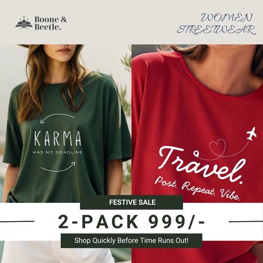 Women’s Oversized Tee Combo Pack of 2 – Karma & Travel | Festive Streetwear Gift